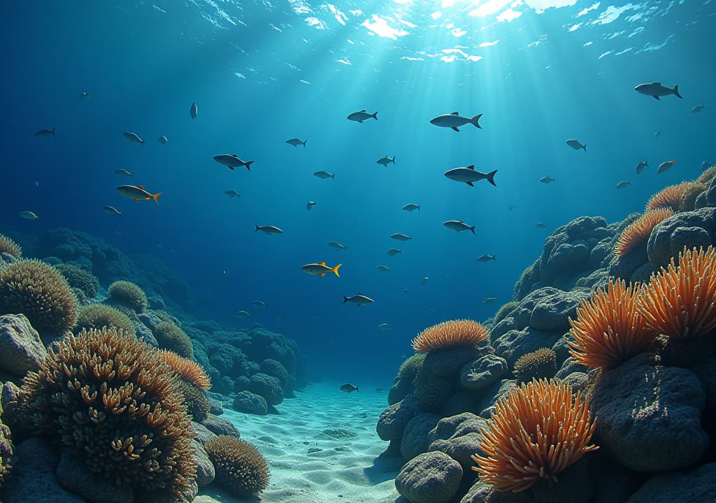  undersea animals around an eco friendly artificial reef, marine restoration