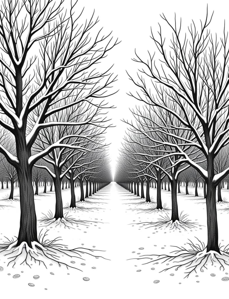  this is for an adult coloring page. a detailed black and white line art of a snowy snow covered orchard with bare fruit trees on a solid white background.