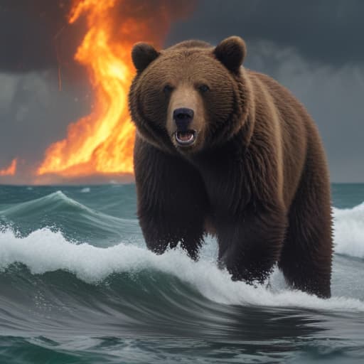 Bear in ocean with tornado and fire