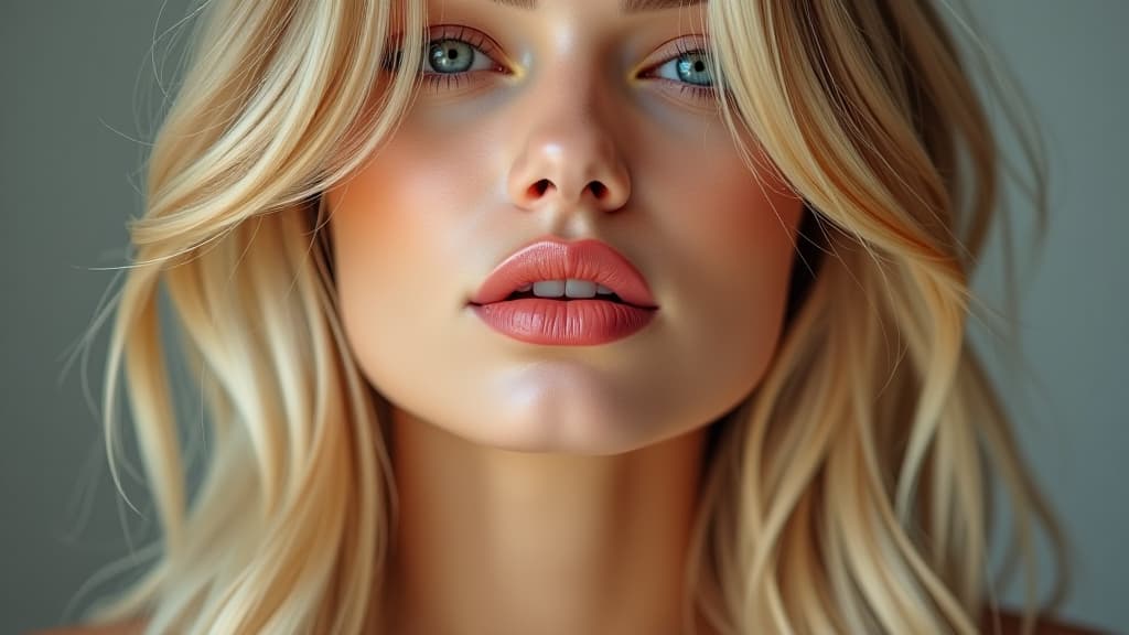  a woman with blonde hair and pink lips