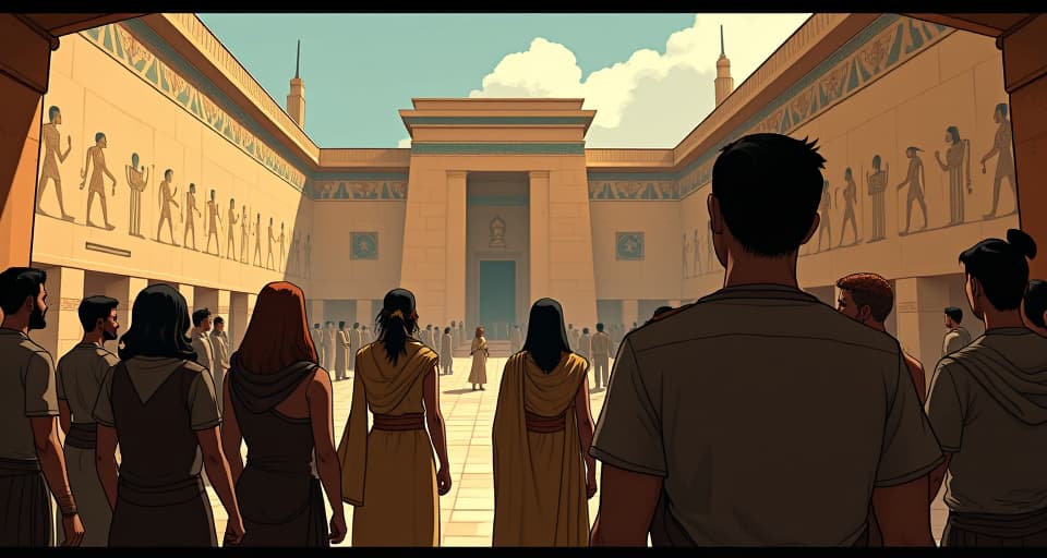  community members gathered in a central square, eyes wide with shock and curiosity, ancient murals on nearby walls, a symbolic shattering of past certainties. the style is digital art illustration / modern comic book / mysterious occult, symbolic, esoteric vibe,high detail on character design, incorporating ancient egyptian symbology and attire.