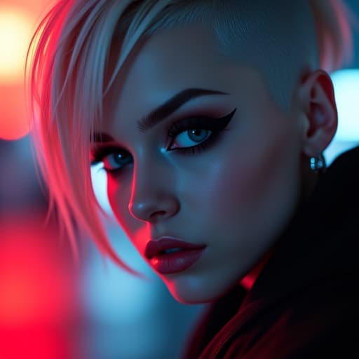  ultra realistic close up portrait ((beautiful pale cyberpunk female with heavy black eyeliner)), blue eyes, shaved side haircut, hyper detail, cinematic lighting, magic neon, dark red city, canon eos r3, nikon, f/1.4, iso 200, 1/160s, 8k, raw, unedited, symmetrical balance, in frame, 8k hyperrealistic, full body, detailed clothing, highly detailed, cinematic lighting, stunningly beautiful, intricate, sharp focus, f/1. 8, 85mm, (centered image composition), (professionally color graded), ((bright soft diffused light)), volumetric fog, trending on instagram, trending on tumblr, HDR 4K, 8K