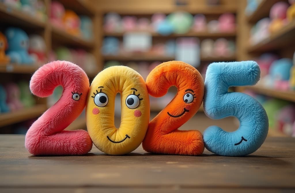  professional detailed photography, plush letters "2025" with eyes and smiles on the background of a toy store , место для текста , (muted colors, dim colors, soothing tones), (vsco:0.3)