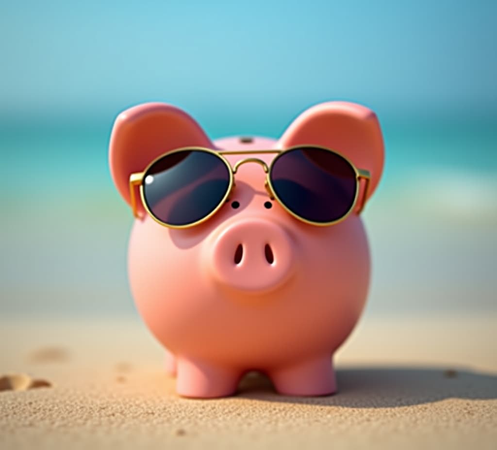  piggy bank wearing sunglasses chilling at the beach, save money for vacation concept, blur background