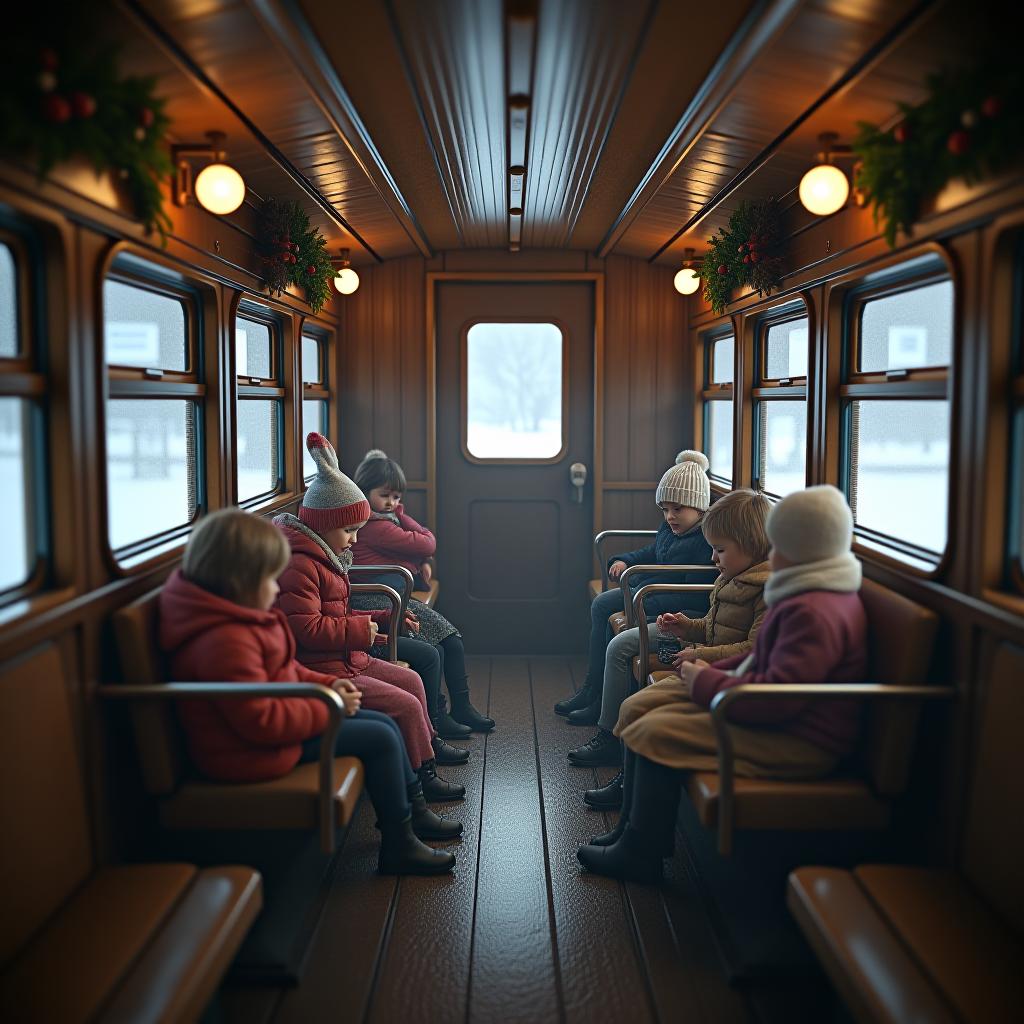  a winter themed train interior for active children, rustic look hyperrealistic, full body, detailed clothing, highly detailed, cinematic lighting, stunningly beautiful, intricate, sharp focus, f/1. 8, 85mm, (centered image composition), (professionally color graded), ((bright soft diffused light)), volumetric fog, trending on instagram, trending on tumblr, HDR 4K, 8K