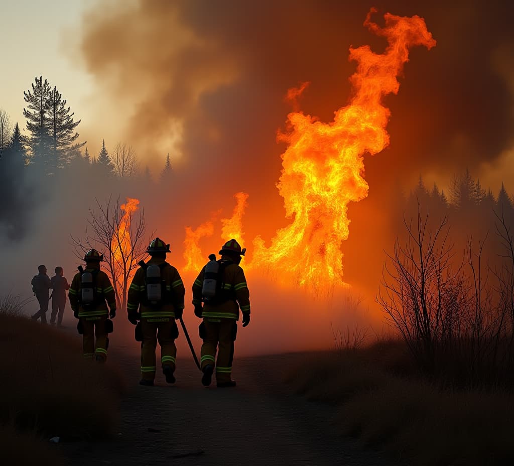  photo of a group of firefighters battling a blazing fire