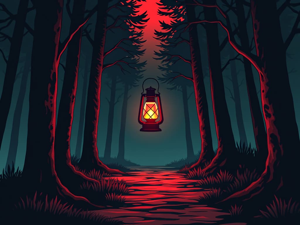  lantern glowing brightly, illuminating a dark forest path, symbol of guidance and illumination. the style is digital art illustration / modern comic book / graphic dark novel fantasy and mysterious occult, symbolic, moody lighting, esoteric vibe,high detail on character design. for the color scheme emphasize blacks and reds.