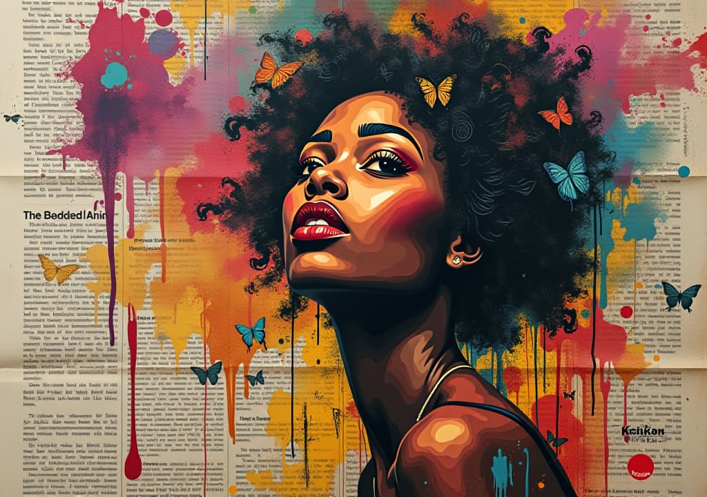  graffiti, collage of grunge newspapers and multicolored painting splash, illustration of an african woman with a dreamy expression, urban graphic artwork, street art, mixed media