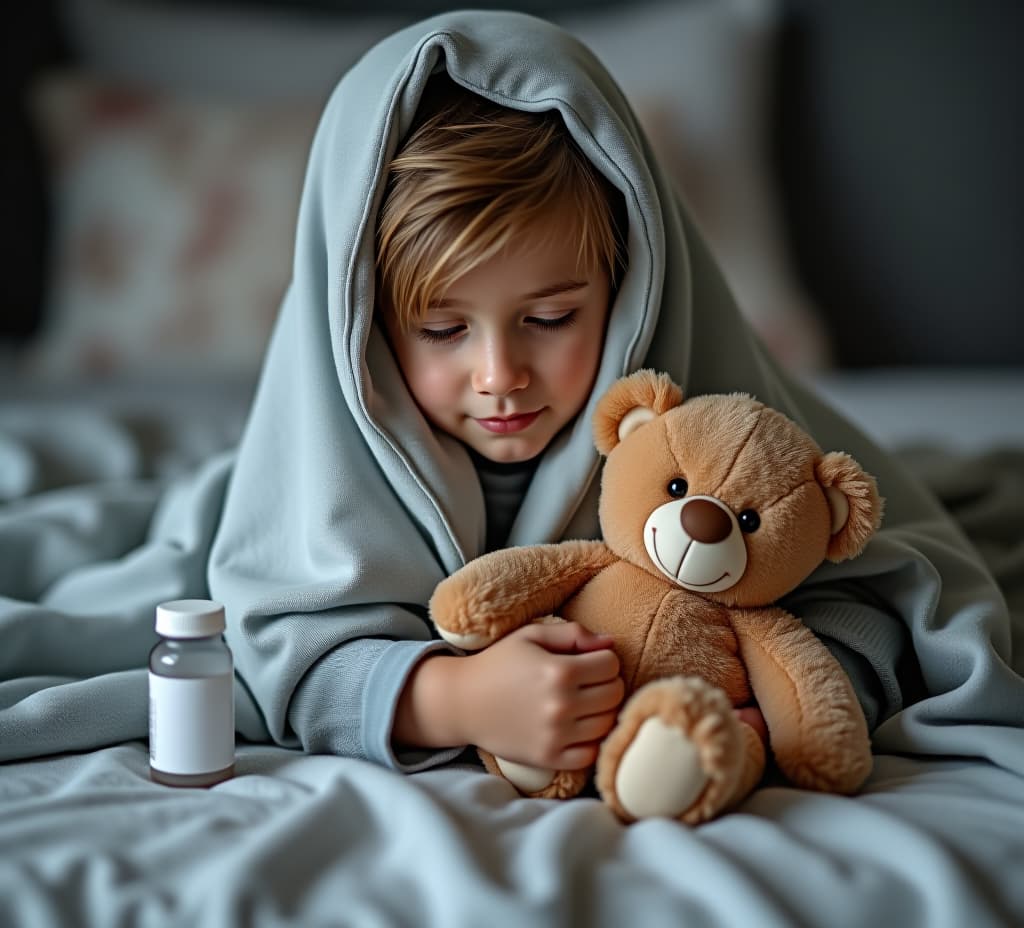  a sick child wrapped in a blanket, holding a teddy bear, with medicine nearby.