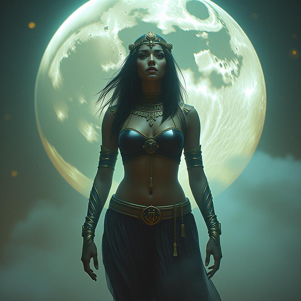  a mystical scene of an cyberpunk woman, large busted and in form fitting attire, absorbing the energy of the full moon, symbolizing personal growth and transformation. the style is digital art illustration / modern comic book / mysterious occult, symbolic, esoteric vibe,high detail on character design, incorporating ancient egyptian symbology and attire. hyperrealistic, full body, detailed clothing, highly detailed, cinematic lighting, stunningly beautiful, intricate, sharp focus, f/1. 8, 85mm, (centered image composition), (professionally color graded), ((bright soft diffused light)), volumetric fog, trending on instagram, trending on tumblr, HDR 4K, 8K