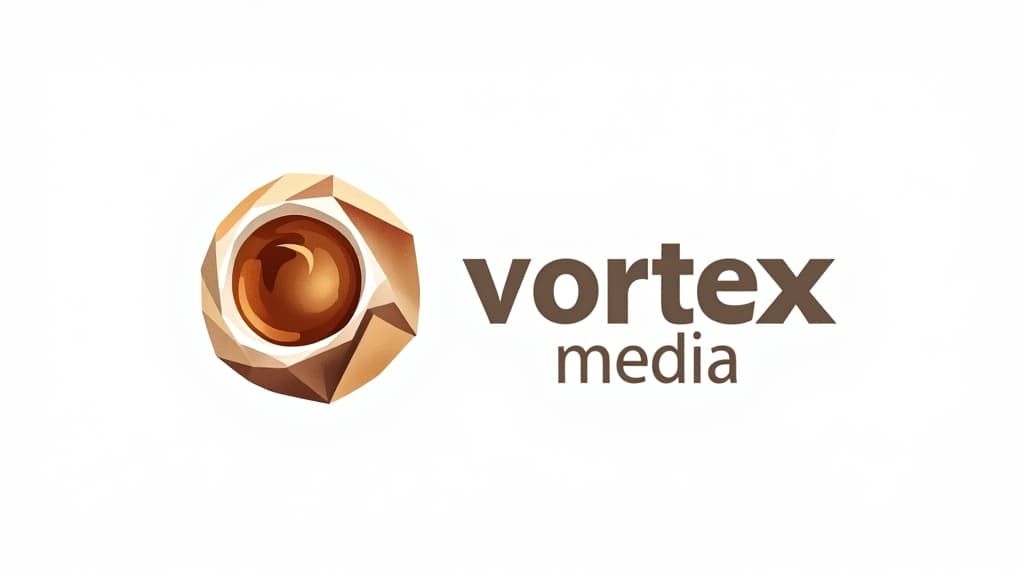  design a logo, in a origami style. watercolor style, logo of a coffee cup, brown gradient colors, white background, with the text 'vortex media'.