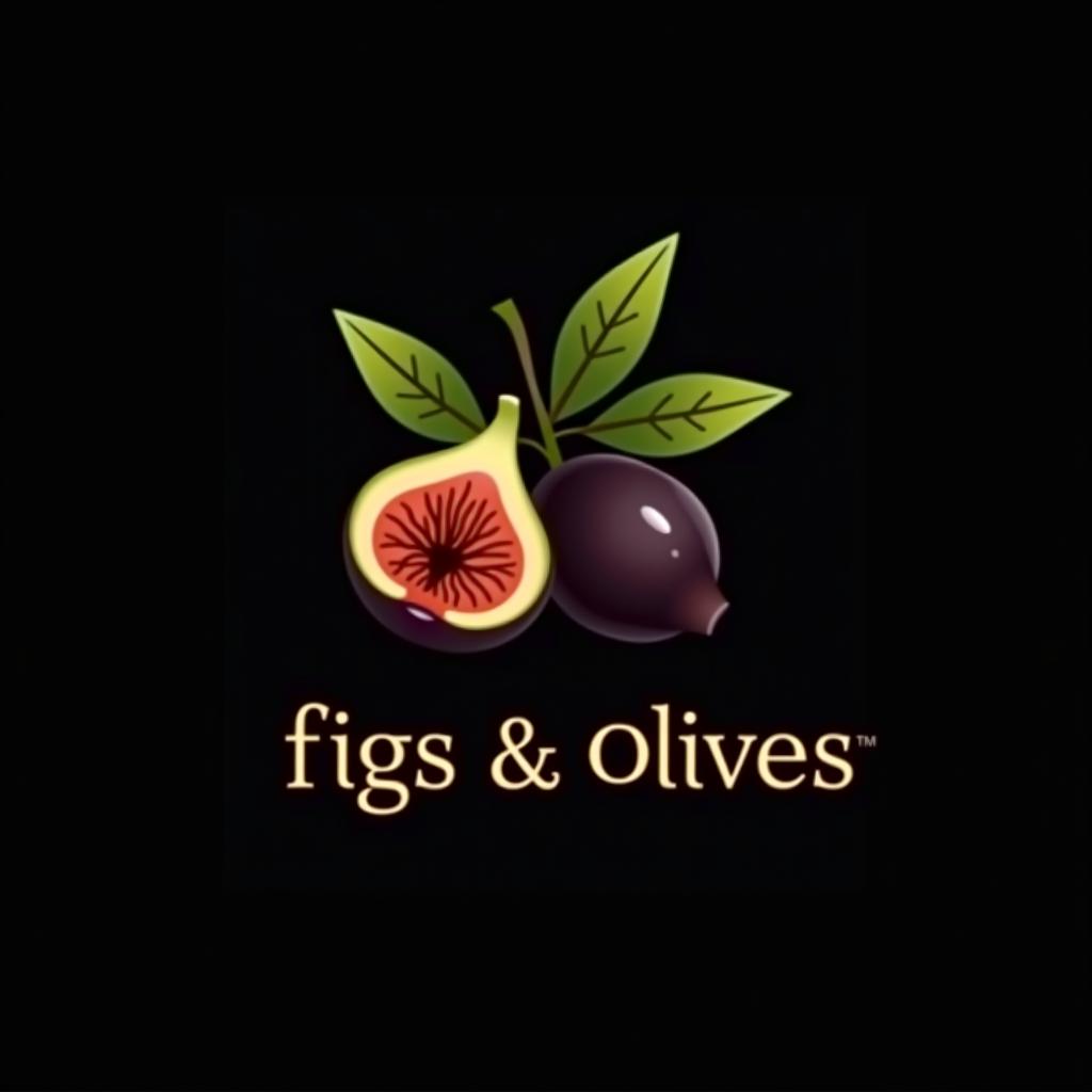  design a logo, fig leaf and olives, black background, with the text 'figs and olives'.