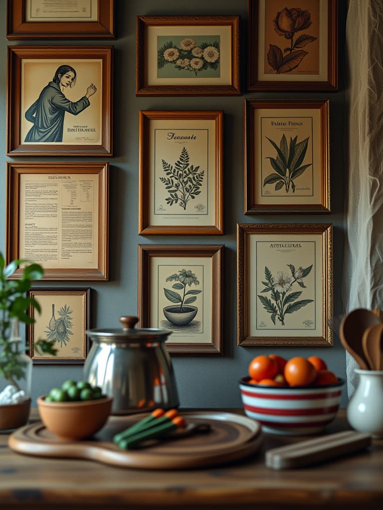  high quality portrait photo of a close up of a weathered wooden frame gallery wall in a rustic kitchen, showcasing vintage botanical prints, old family recipes, and antique utensils, with soft natural light streaming through a nearby window hyperrealistic, full body, detailed clothing, highly detailed, cinematic lighting, stunningly beautiful, intricate, sharp focus, f/1. 8, 85mm, (centered image composition), (professionally color graded), ((bright soft diffused light)), volumetric fog, trending on instagram, trending on tumblr, HDR 4K, 8K