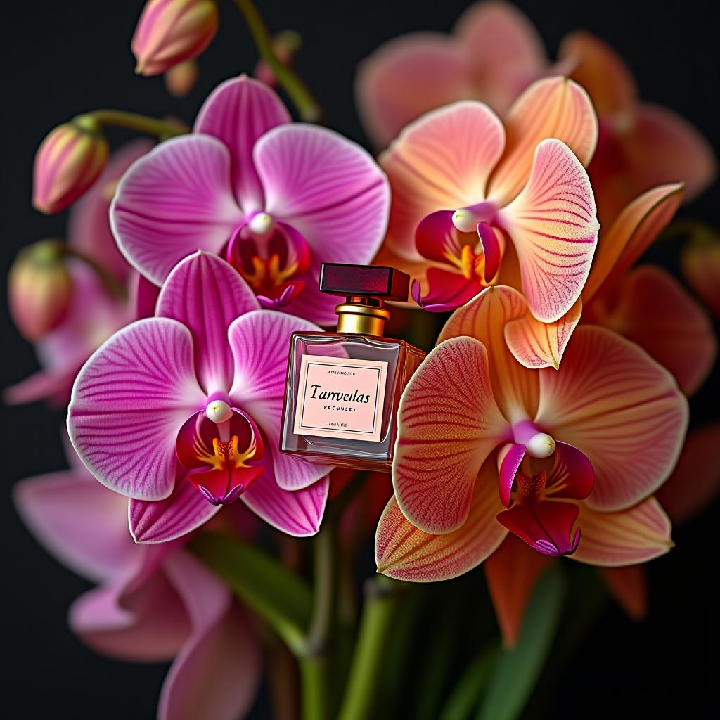  a symphony of blossoms: a perfume bottle nestled in a bouquet of vibrant orchids