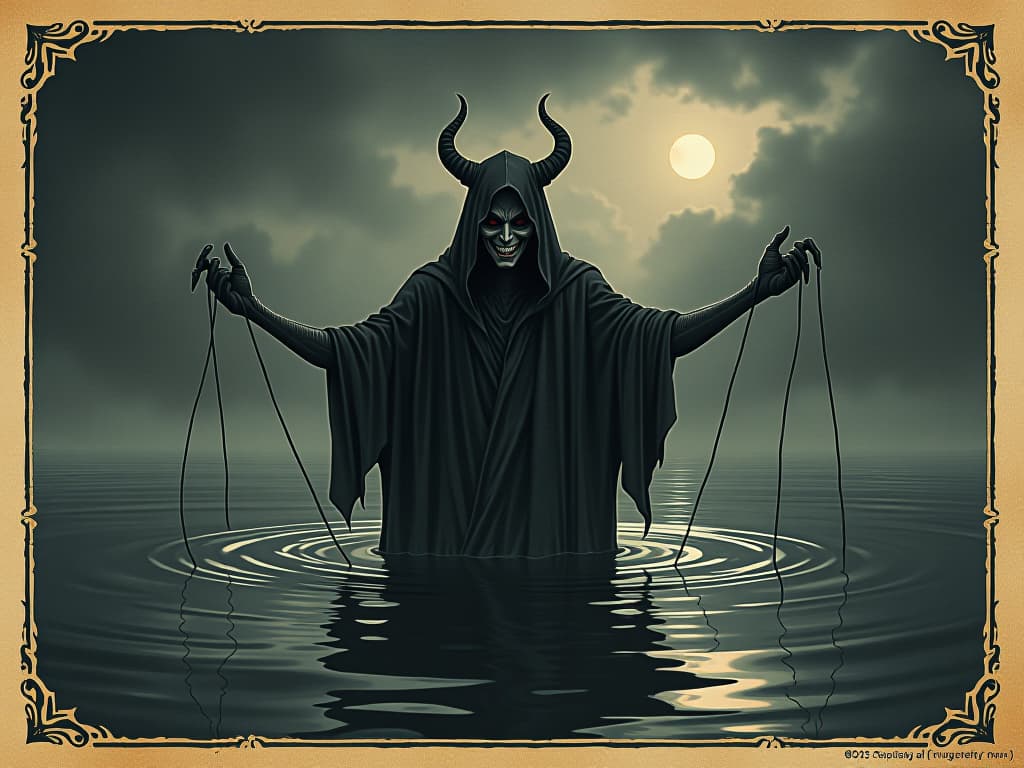  an individual casting lines into dark, still waters, sinister smile, multiple hooks on lines, waters reflecting a stormy sky, foreboding, maleficent. an illustration in the style of a worn, mystical old tarot trump card, mysterious and elements of surrealism. the colors are muted, somber and eerie, but with contrast bring out an occult and esoteric vibe.