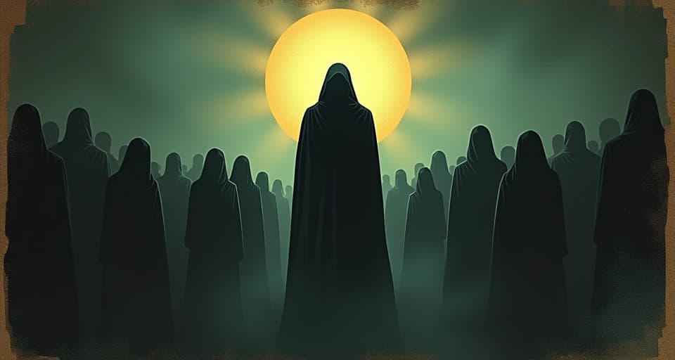  a shadowy figure standing amidst a crowd, luminous aura around the figure, crowd faces hidden and blurred, dimly lit atmosphere, aura, mystery, isolation. an illustration in the style of a worn, mystical old tarot trump card, mysterious and elements of surrealism. the colors are muted, somber and eerie, but with contrast bring out an occult and esoteric vibe.