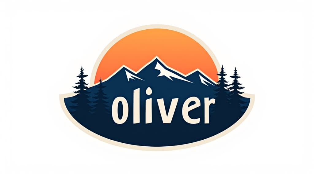  design a logo, custom sticker design on an isolated white background with the bold words ‘oliver’ with a backdrop of a mountain range, and silhouettes of pine trees at sunset