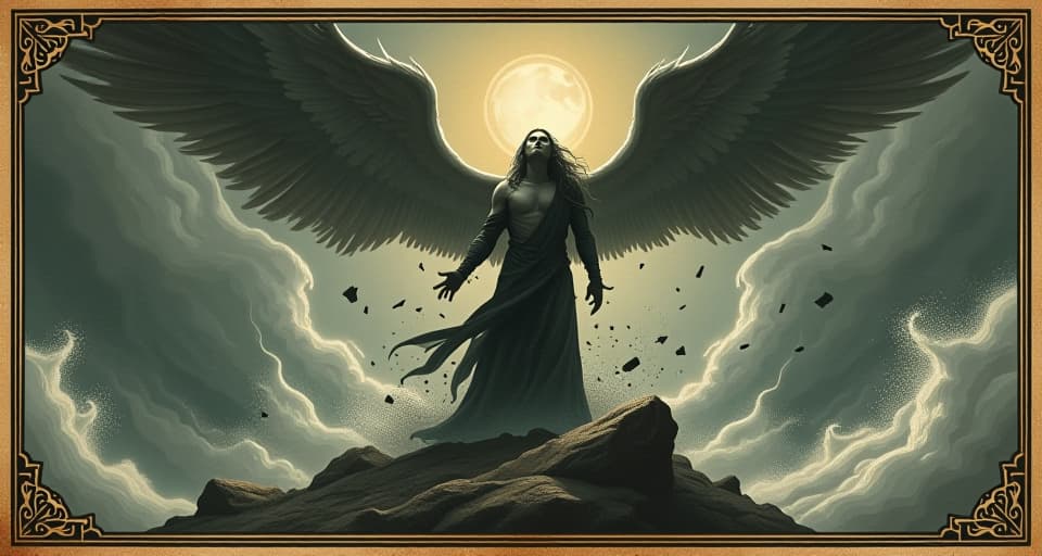  a powerful figure, withstanding tempestuous storms, debris flying, unbreakable posture, victory, inner strength. an illustration in the style of a worn, mystical old tarot trump card, mysterious and elements of surrealism. the colors are muted, somber and eerie, but with contrast bring out an occult and esoteric vibe.