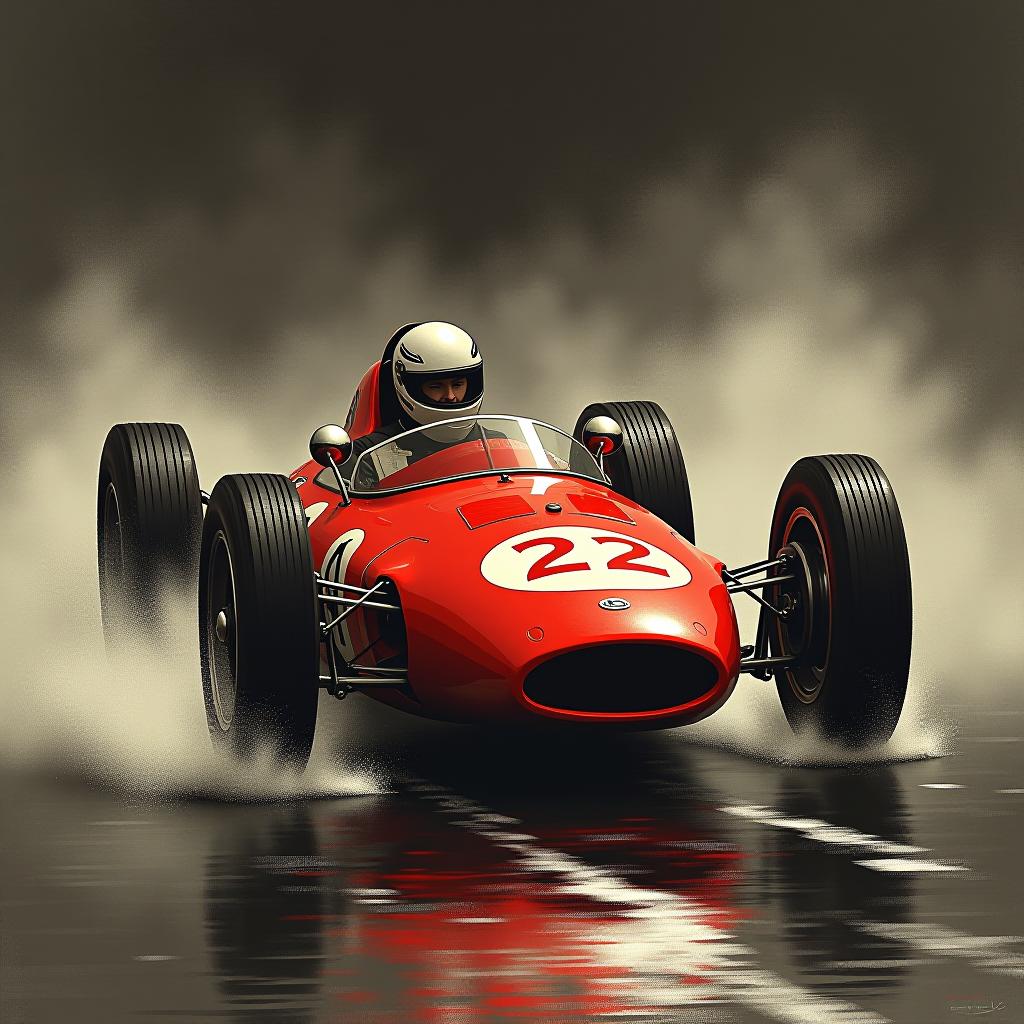  red race car, in the style of sam spratt, historical illustrations, old masters, genndy tartakovsky, soggy, masaccio, monochromatic realism