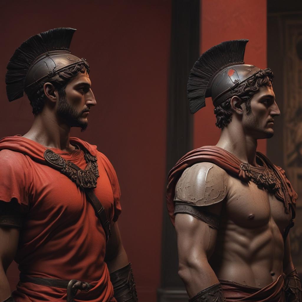 A solemn atmosphere enveloping both Greek and Trojan camps, soldiers standing in silence, processing the news of Achilles' demise, a sense of mourning and respect palpable in the air, soft lighting and desaturated tones to convey the somber mood"in the style of classical Greek pottery art, with intricate black figures on a red background, depicting mythological scenes with a focus on gods and heroes, using a limited color palette of red, black, and white"This image is a breathtaking painting that captures the magical scene with vivid detail. The overall composition is spellbinding, showcasing a perfect harmony. photorealism fantasy, unreal engine 5, concept hyperrealistic, full body, detailed clothing, highly detailed, cinematic lighting, stunningly beautiful, intricate, sharp focus, f/1. 8, 85mm, (centered image composition), (professionally color graded), ((bright soft diffused light)), volumetric fog, trending on instagram, trending on tumblr, HDR 4K, 8K