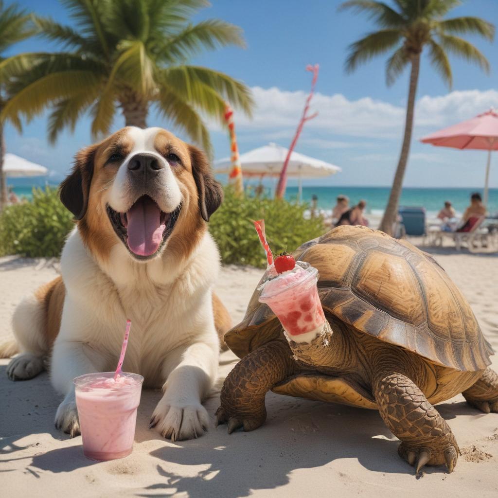 A jovial tortoise and a rescue St. Bernard are soaking up the sun on South Beach. The turtle's shell has turned into a cherry milkshake with a straw, adding a tasty element to the scene. The dog and turtle are smiling warmly, embodying the theme of tasty happiness