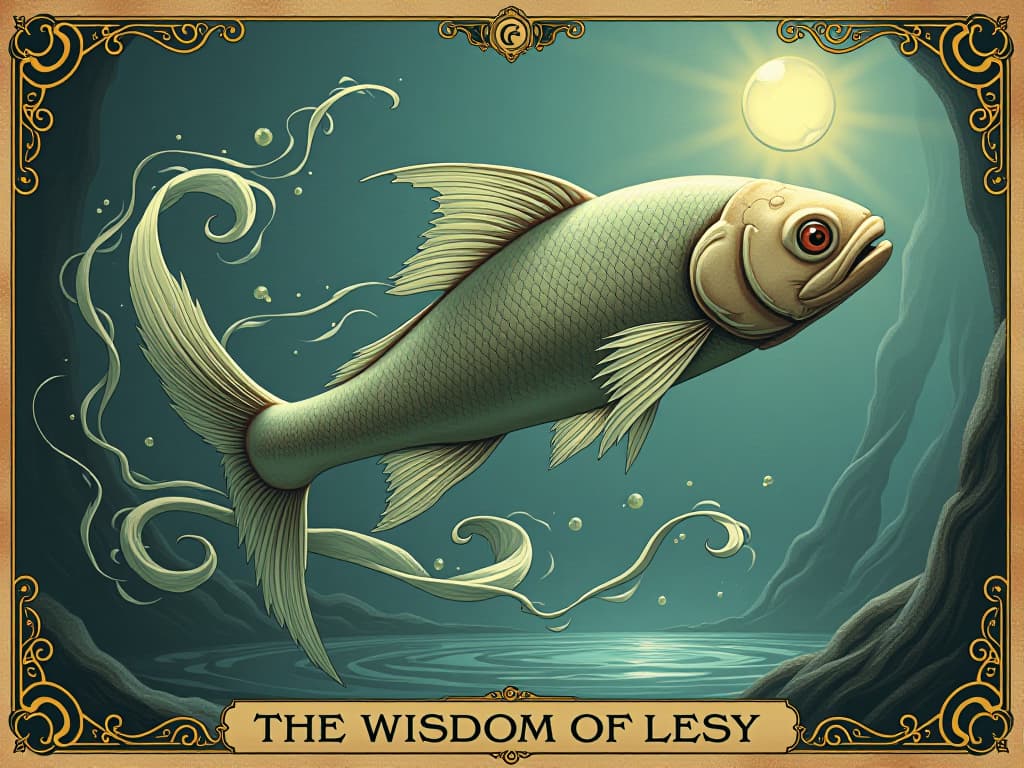  a wise, ethereal fish, gliding through clear, bright waters, surrounded by tendrils of wisdom, water is crystalline, unperturbed, focused, and discerning. an illustration in the style of a worn, mystical old tarot trump card, mysterious and elements of surrealism. the colors are muted, somber and eerie, but with contrast bring out an occult and esoteric vibe.