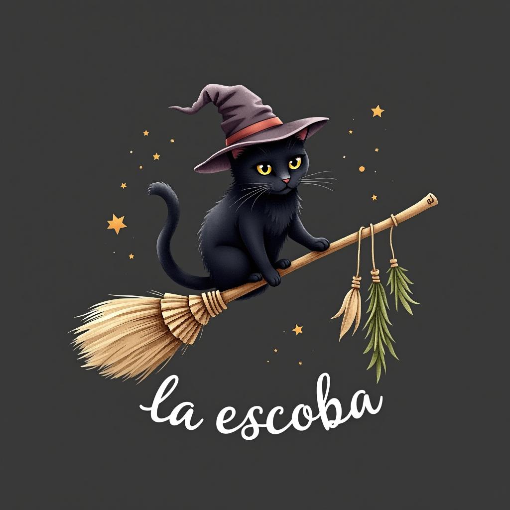  design a logo, in a watercolor style. witchy, black cat riding on a broom, dried herbs hanging m off broom, cottage core aesthetic , with the text 'la escoba'.