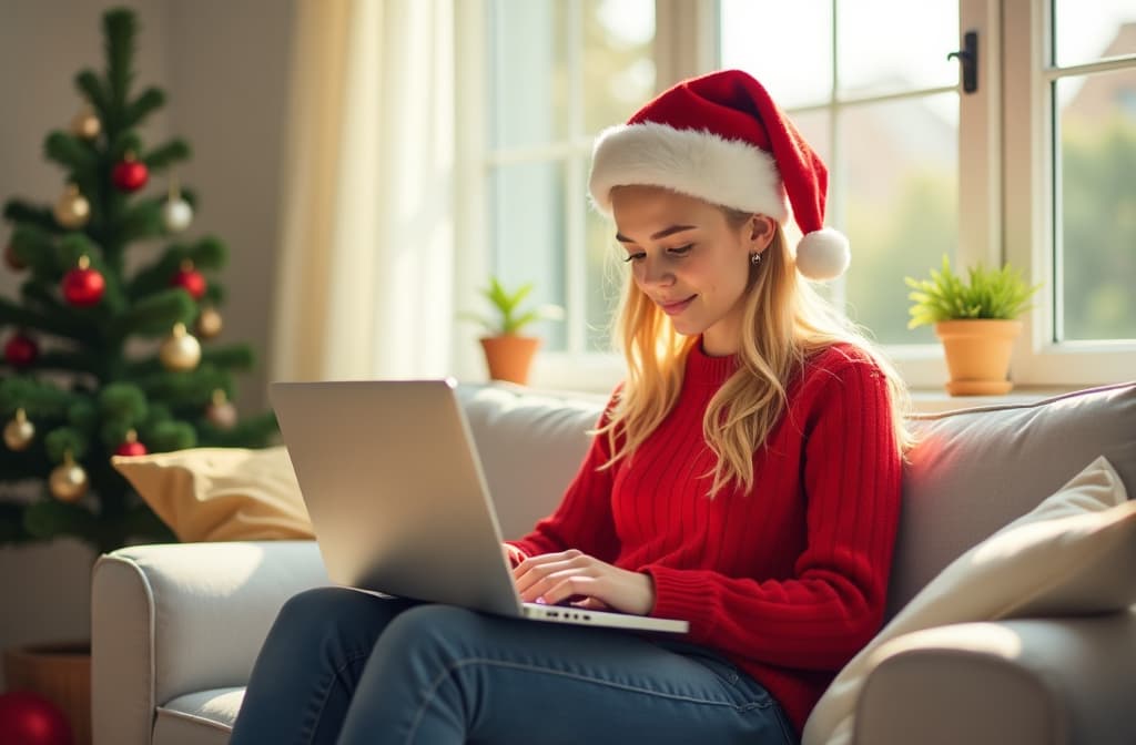   with blond hair in santa claus hat and red sweater sitting on light gray sofa and working on top, bright room, sunny day ar 3:2 {prompt}, maximum details