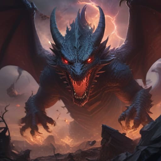 In a dark and stormy sky, a massive dragon with glowing red eyes and jagged, black scales looms ominously. Its wings spread wide, crackling with lightning as it prepares to unleash its wrath. Surrounding the dragon are swirling vortexes of energy, pulling in cards from both players' graveyards. The dragon's attack power visibly grows with each card banished, its rage fueling its strength. In the background, a shattered pendulum swings erratically, symbolizing the chaos and destruction wrought by the RAGEFUL-EYES VENGEANCE DRAGON. fantastical creatures or characters inspired by mythology, folklore, or popular culture. use vibrant colors, sharp lines, intricate details, dynamic poses, dramatic lighting, atmospheric backgrounds, and blend anim