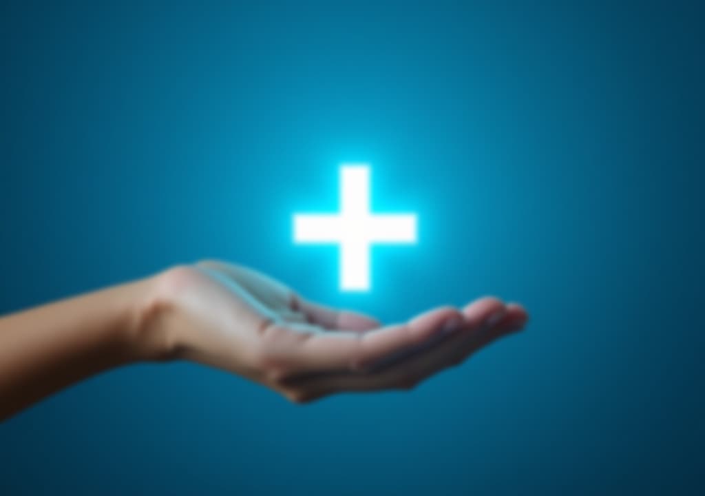  hand holding plus icon on blue background. plus sign virtual means to offer positive thing like benefits, personal development, social network