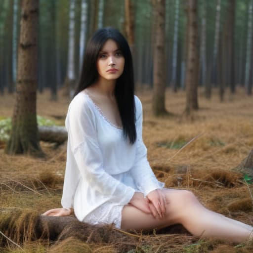 A 12 , straight black hair, of Ukrainian origin.. sitting with her open in a forest