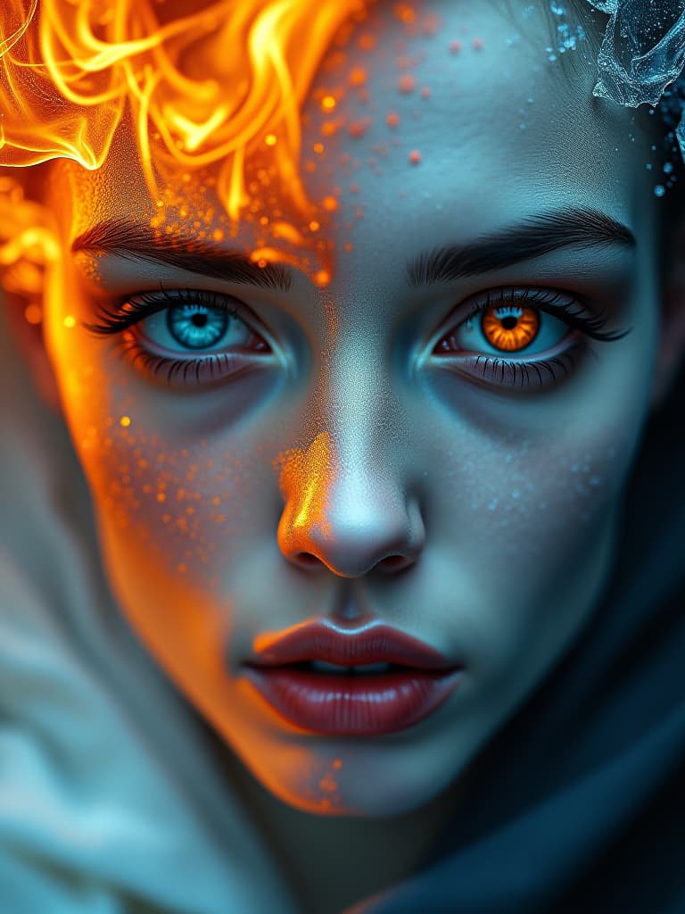  surrealist art masterpiece,oil painting, yin and yang, ice and flame, two halves of the face one of ice, the other of fire, close up, high detail, high resolution, detailed skin, detailed eyes, detailed background, deep sharpness, dynamic pose, hyperrealism, lots of small details, perfect composition and perspective. . dreamlike, mysterious, provocative, symbolic, intricate, detailed hyperrealistic, full body, detailed clothing, highly detailed, cinematic lighting, stunningly beautiful, intricate, sharp focus, f/1. 8, 85mm, (centered image composition), (professionally color graded), ((bright soft diffused light)), volumetric fog, trending on instagram, trending on tumblr, HDR 4K, 8K