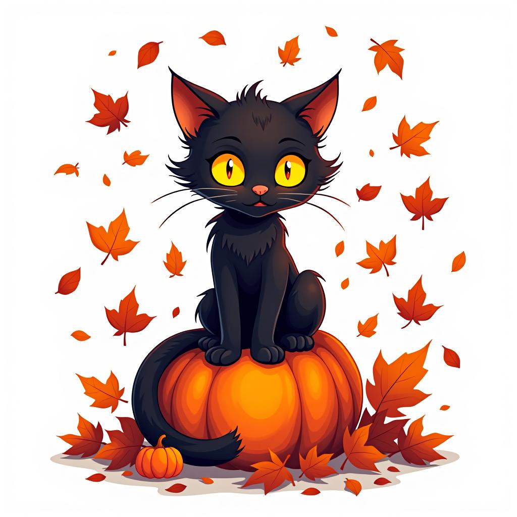  a cute black cat with glowing eyes sitting on a pumpkin, surrounded by swirling autumn leaves in a whimsical style, with warm, moody lighting. t shirt design, vector, contour, white background, no mockup hyperrealistic, full body, detailed clothing, highly detailed, cinematic lighting, stunningly beautiful, intricate, sharp focus, f/1. 8, 85mm, (centered image composition), (professionally color graded), ((bright soft diffused light)), volumetric fog, trending on instagram, trending on tumblr, HDR 4K, 8K