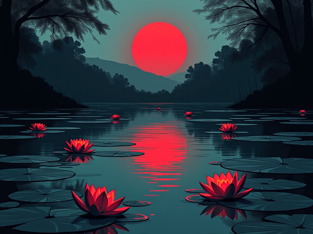  still water pond, reflection of a clear sky, lilies floating, sense of infinite calm and stillness. the style is digital art illustration / modern comic book / graphic dark novel fantasy and mysterious occult, symbolic, moody lighting, esoteric vibe,high detail on character design. for the color scheme emphasize blacks and reds.