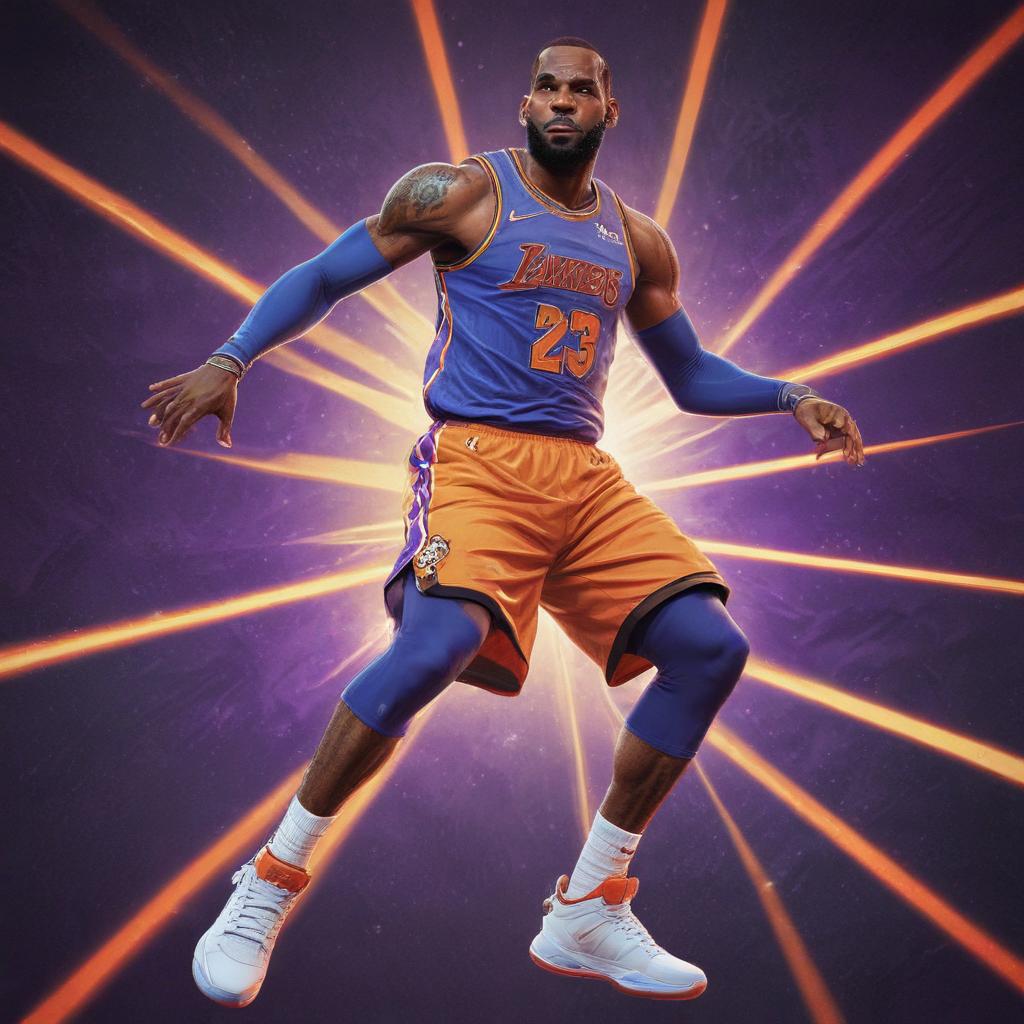 distance-shot, flashy, full-body, dynamic, holographic, animated cartoon poster of lebron james in the style of dragon ball super