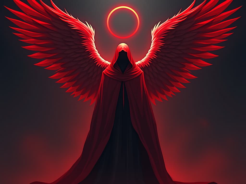  guardian angel in red robes, standing vigilant, protective aura, symbol of soul's guardian. the style is digital art illustration / modern comic book / graphic dark novel fantasy and mysterious occult, symbolic, moody lighting, esoteric vibe,high detail on character design. for the color scheme emphasize blacks and reds.