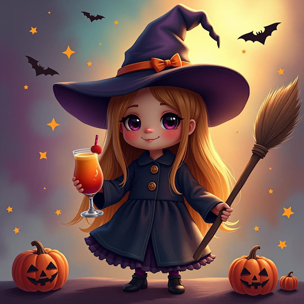  create a digital painting featuring a cute witch character. the witch should be wearing a hat. in one hand, the witch should hold a broomstick, and in the other hand, a halloween themed drink. the background should be colorful and include small black bats, pumpkins and stars to add a playful halloween touch. the overall style should be cute, whimsical, and colorful hyperrealistic, full body, detailed clothing, highly detailed, cinematic lighting, stunningly beautiful, intricate, sharp focus, f/1. 8, 85mm, (centered image composition), (professionally color graded), ((bright soft diffused light)), volumetric fog, trending on instagram, trending on tumblr, HDR 4K, 8K