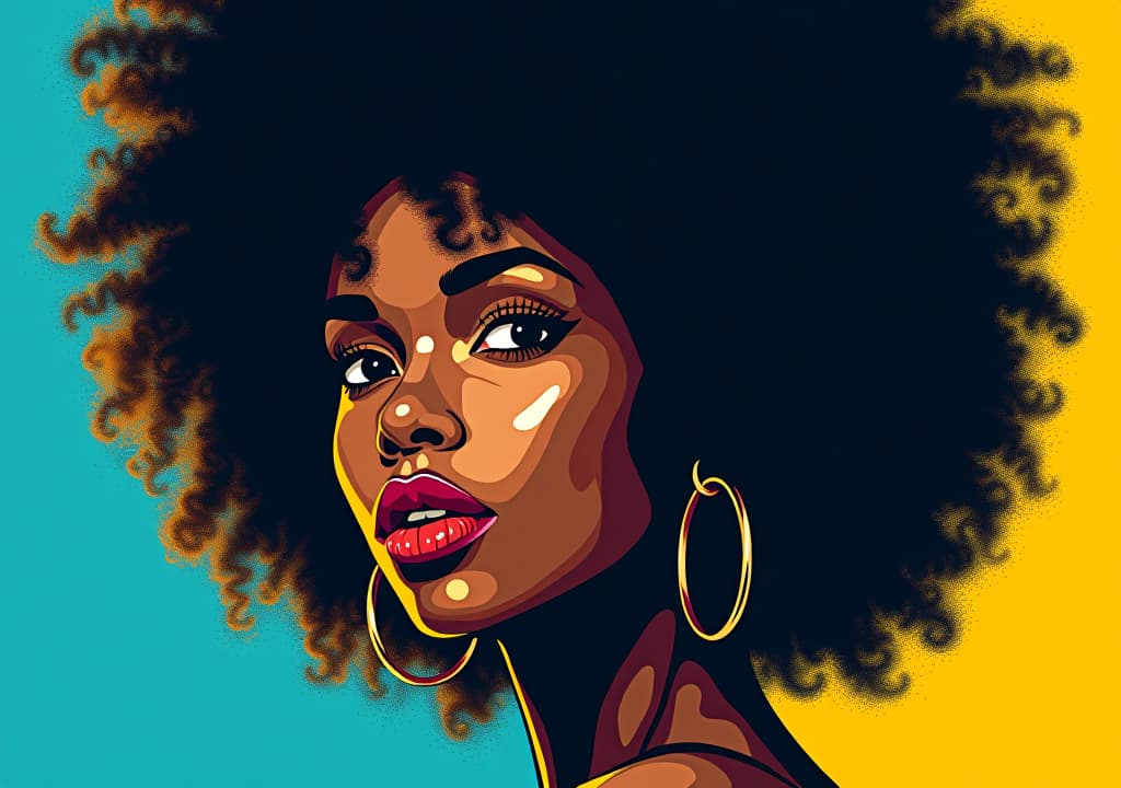  african american woman with voluminous afro hair in a pop art style with bold color contrasts of dark cyan and yellow. perfect for graphic design projects