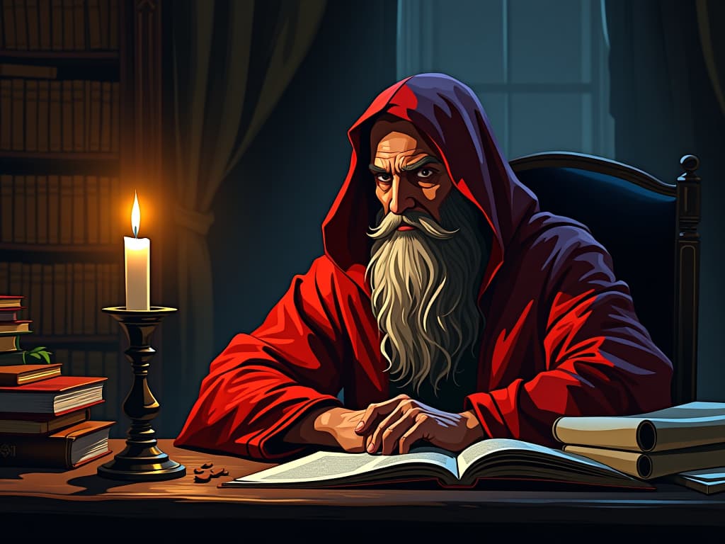  philosopher in red robes, sitting at a desk filled with ancient scrolls, deep in thought, candlelight casting shadows, air of questioning and introspection. the style is digital art illustration / modern comic book / graphic dark novel fantasy and mysterious occult, symbolic, moody lighting, esoteric vibe,high detail on character design. for the color scheme emphasize blacks and reds.