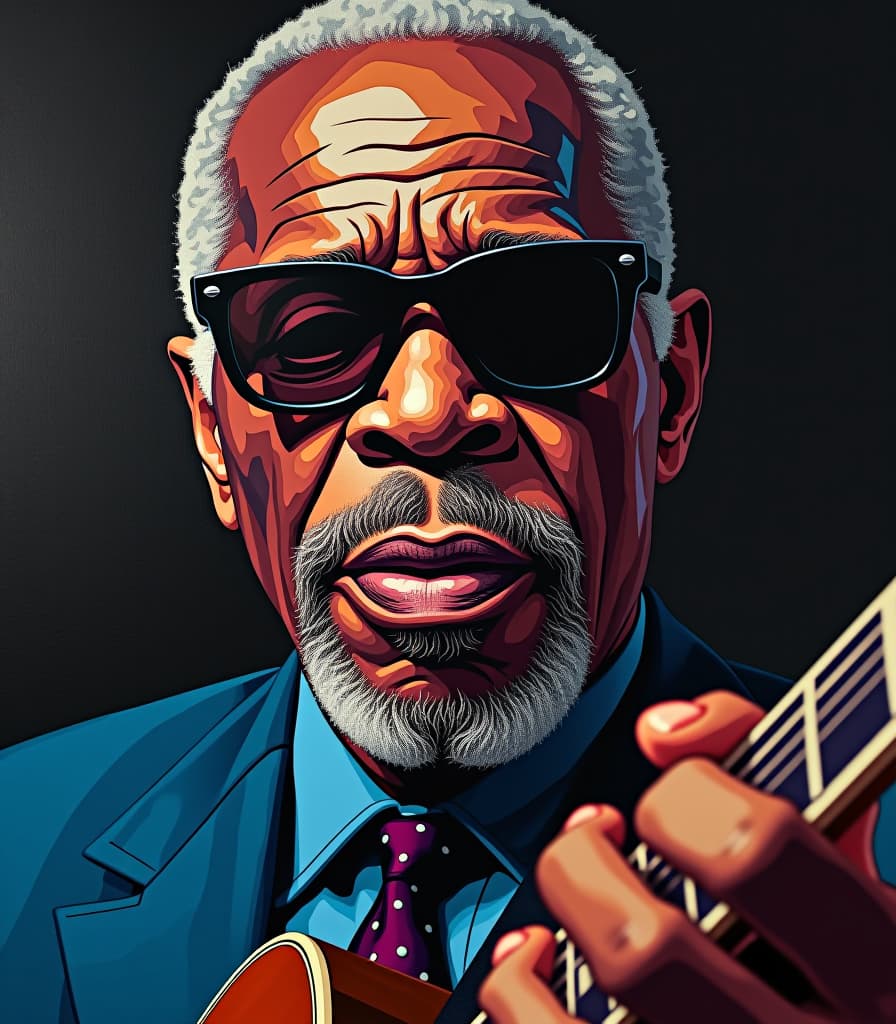  pop art style (masterpiece, oil painting:1.2), (b.b. king blues singer in dark glasses with guitar:1.4), (monochrome:1.4), extra large intense close up, portrait perspective, increased attention to fine details, perfect pose respecting the rule of thirds and the golden ratio, high resolution, high detailing . bright colors, bold outlines, popular culture themes, ironic or kitsch hyperrealistic, full body, detailed clothing, highly detailed, cinematic lighting, stunningly beautiful, intricate, sharp focus, f/1. 8, 85mm, (centered image composition), (professionally color graded), ((bright soft diffused light)), volumetric fog, trending on instagram, trending on tumblr, HDR 4K, 8K