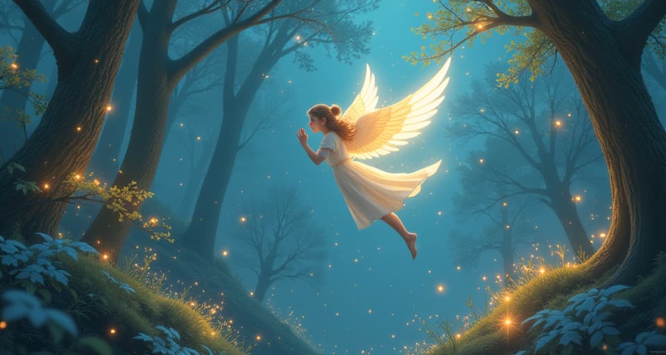  an ethereal angel flying over a luminescent forest, her glowing wings leaving a trail of light. the enchanted trees below shimmer, capturing the theme of continuing brilliance.. the style is digital art illustration,highly detailed, whimsical,magical, dreamlike atmosphere, realism and fantasy blend, smooth, glossy textures,luminous quality, wonder and enchantment.