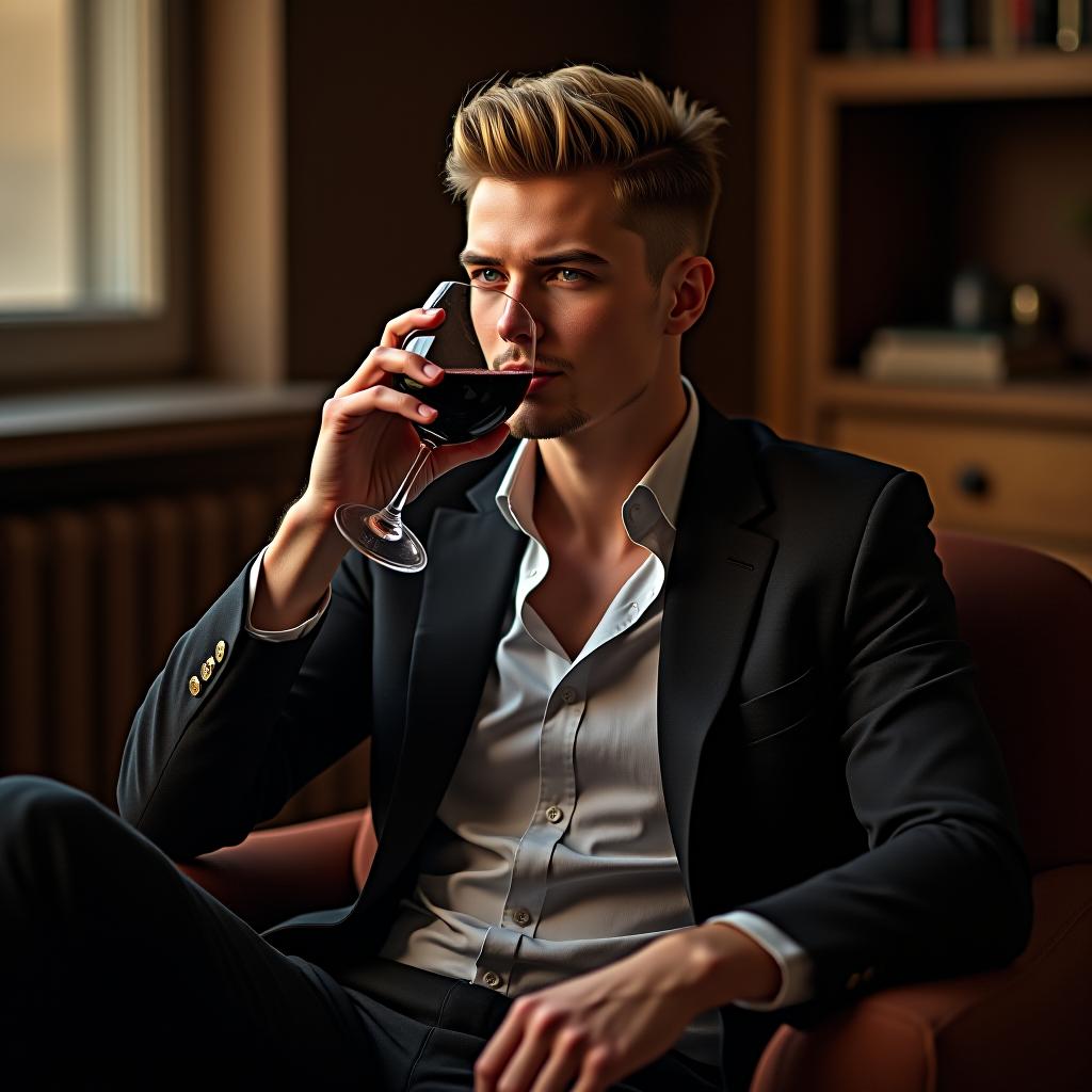  handsome man sitting on the chair and wearing black shoes and drinking wine, male, european, blonde, young adult, masterpiece, best quality