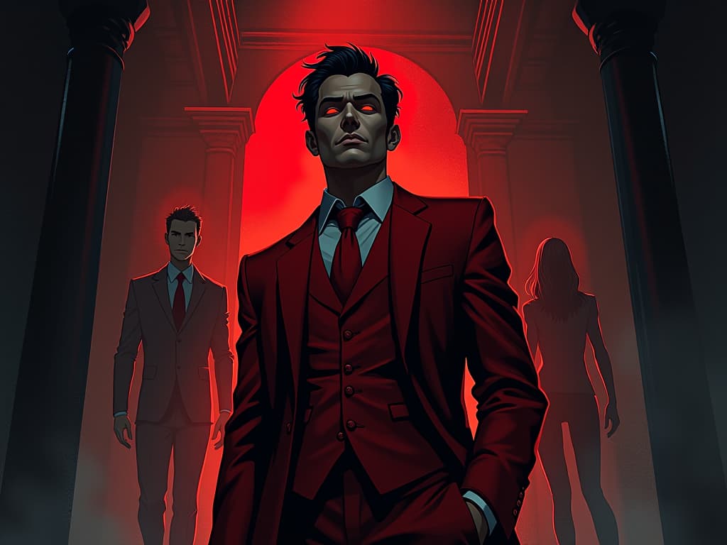  successful individual in red ensemble, standing confidently, colleague in background, hidden agendas revealed, mood of contrasting realities. the style is digital art illustration / modern comic book / graphic dark novel fantasy and mysterious occult, symbolic, moody lighting, esoteric vibe,high detail on character design. for the color scheme emphasize blacks and reds.