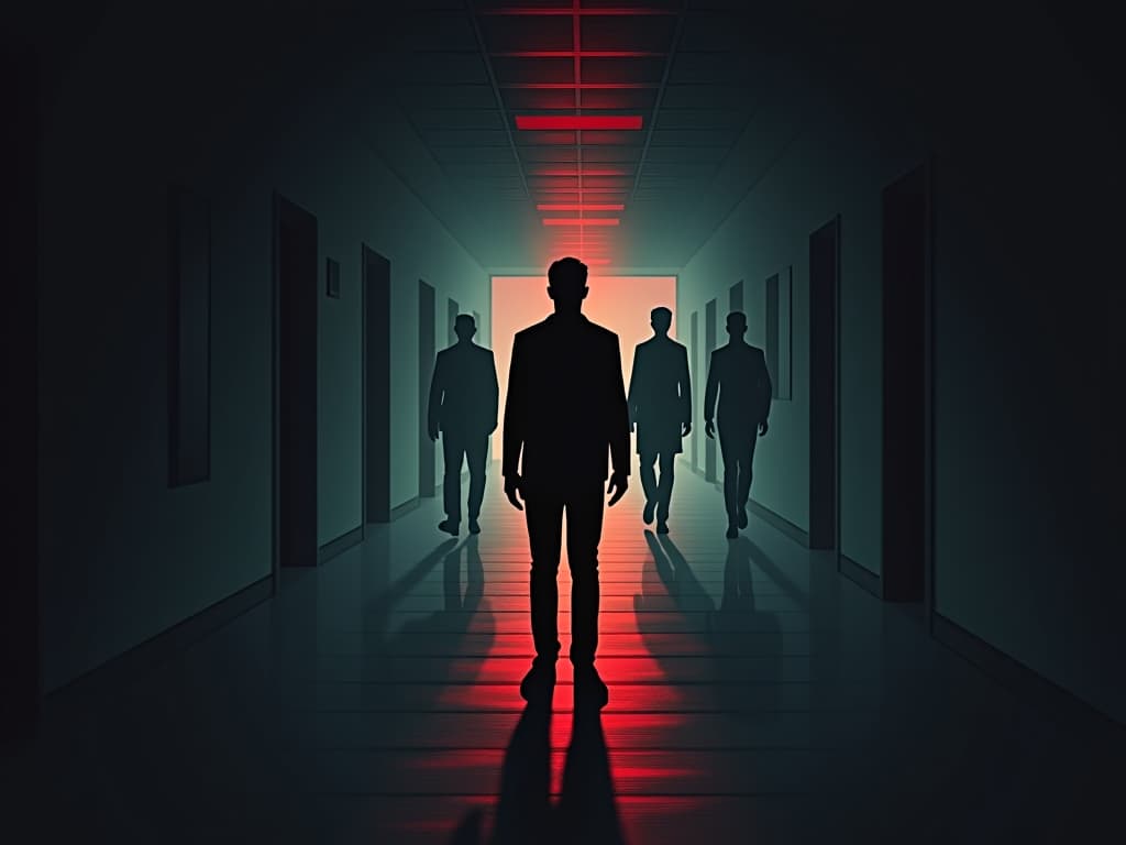  a person standing alone in an office hallway, shadows of former colleagues walking away, person’s expression of defeat, dimly lit corridor, mood of isolation and loss.. the style is dark fantasy and mysterious occult, symbolic, moody lighting, esoteric vibe,high detail on character design. for the color scheme emphasize blacks and reds.