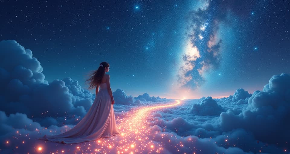  the universe represented as a starry sky. ethereal beings placed strategically along a glowing path, sparkling lights guiding the way, representing frequency alignment.. the style is digital art illustration,highly detailed, whimsical,magical, dreamlike atmosphere, realism and fantasy blend, smooth, glossy textures,luminous quality, wonder and enchantment.