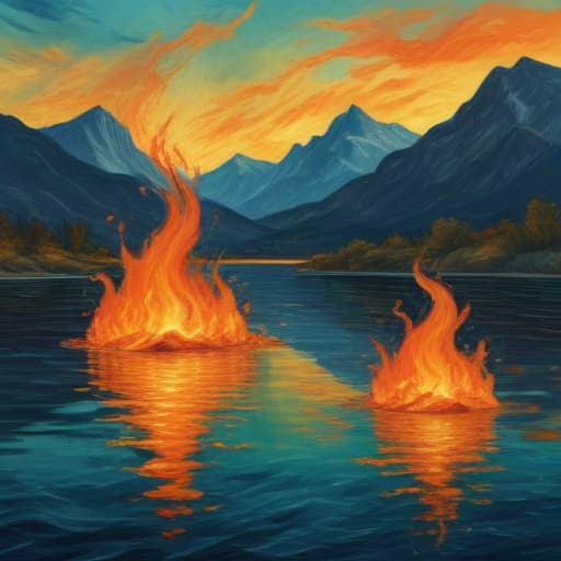 Fire above water in Van Gogh style with Mountains background