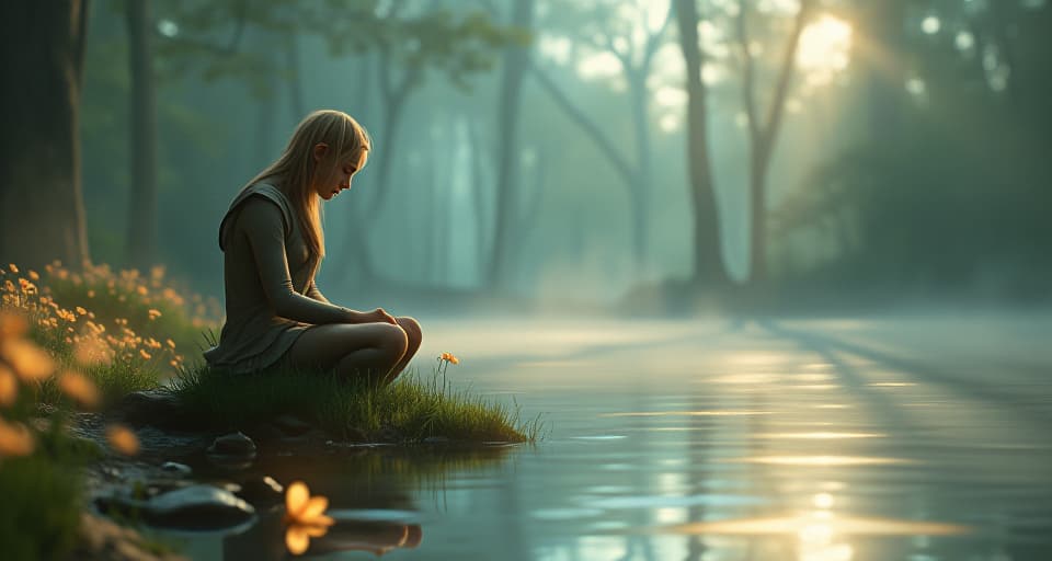  a forlorn elf seated beside a shimmering lake, gazing at his own reflection with a sense of emptiness. morning mist and delicate, glowing flowers surround him, emphasizing the repeated sense of loss and void.. the style is digital art illustration,highly detailed, whimsical,magical, dreamlike atmosphere, realism and fantasy blend, smooth, glossy textures,luminous quality, wonder and enchantment.