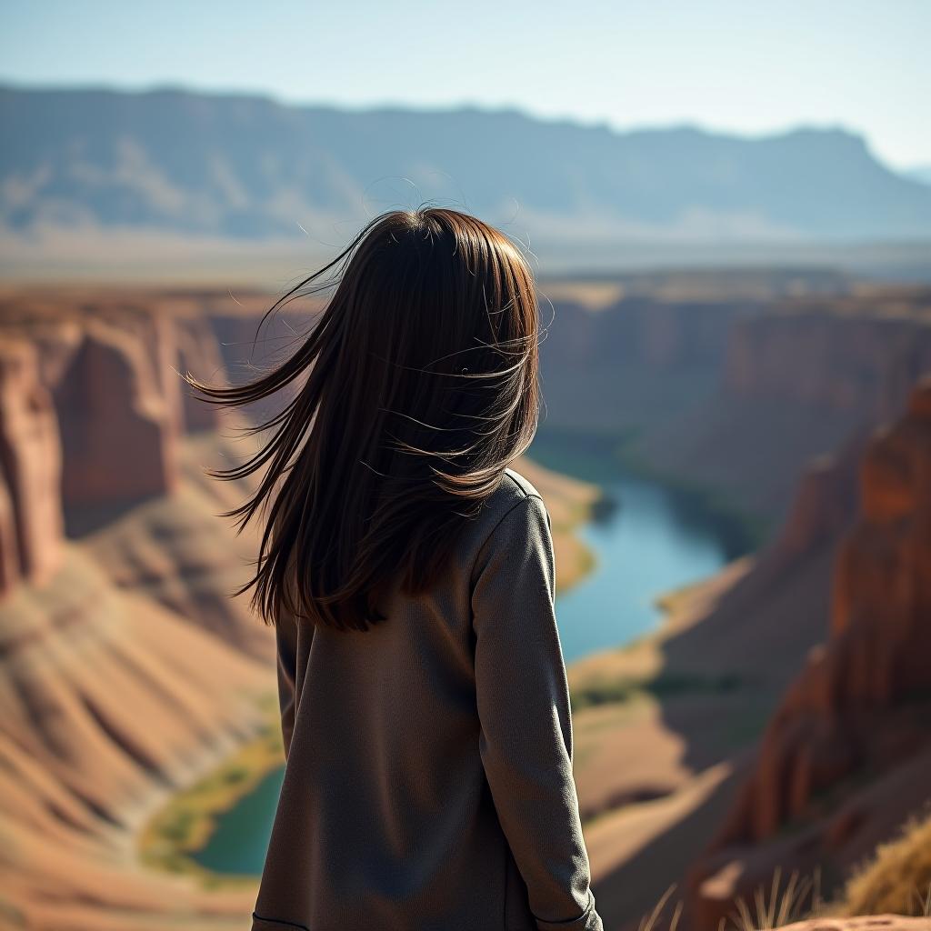  the dark haired girl stands over the sulak canyon, and the wind is in her hair.