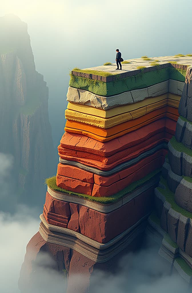  draw a 2d stratigraphic book illustration of rock layers. hyperrealistic, full body, detailed clothing, highly detailed, cinematic lighting, stunningly beautiful, intricate, sharp focus, f/1. 8, 85mm, (centered image composition), (professionally color graded), ((bright soft diffused light)), volumetric fog, trending on instagram, trending on tumblr, HDR 4K, 8K