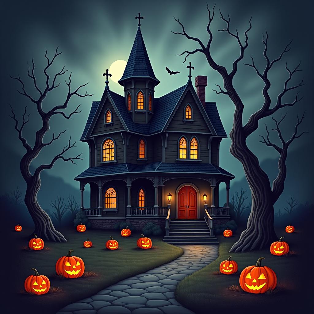  create a seamless digital painting of a spooky, halloween themed scene featuring a haunted house with gothic architecture. the house should be surrounded by twisted, gnarled trees and a multitude of jack o' lanterns. the scene should include a dark, cloudy sky to enhance the eerie atmosphere. the overall style should be detailed and atmospheric, capturing the essence of a haunted, creepy environment perfect for halloween, ensuring the design is seamless for use in repeating patterns or wraps.